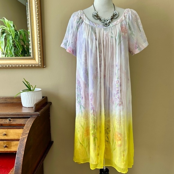 Anthropologie HD in Paris Dipped Chroma Swing Dress Floral Chiffon Ombre Size 14 - Picture 2 of 13